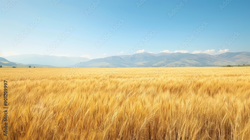 Expansive field of golden wheat swaying in the breeze, under a clear blue sky with distant mountains Expansive field of golden wheat swaying in the breeze, under a clear blue sky with distant mountains