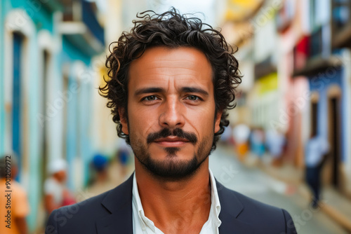 A man with curly hair and a beard standing in a narrow street. © valentyn640