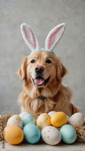 a dog of the golden retriever breed in a hoop with cute bunny ears lies on the floor near the painted eggs. Easter