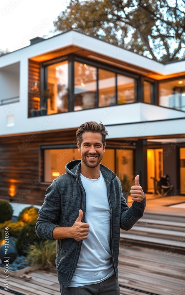 Fototapeta premium Cheerful Man Giving Thumbs Up in Front of Modern House During Sunset