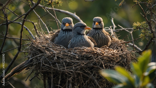 chicks sitting in a nest on a tree branch