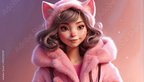 cat girl with curly hair, a red nose in a pink fur coat and a hat with big ears