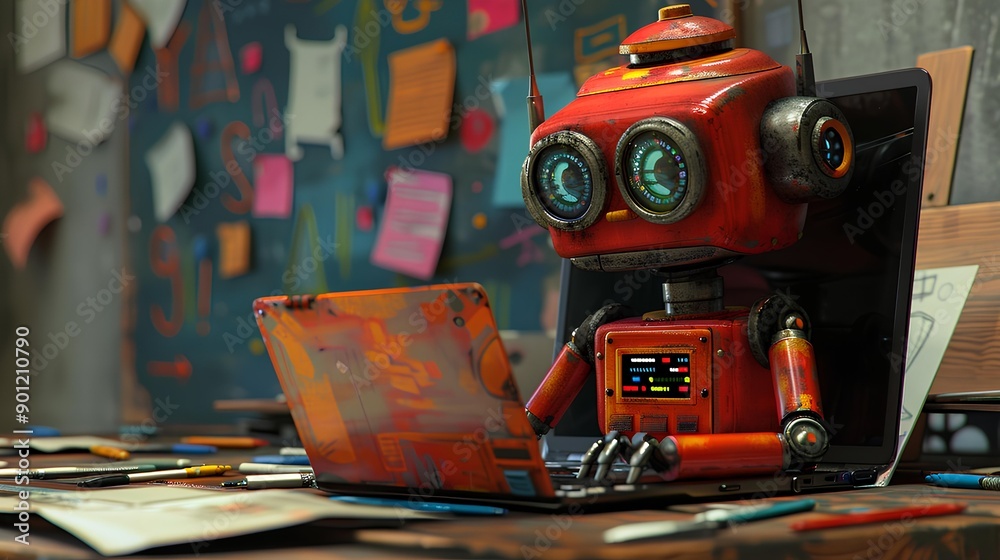 Fototapeta premium Digital Illustration of a Robot Working on a Laptop Computer.