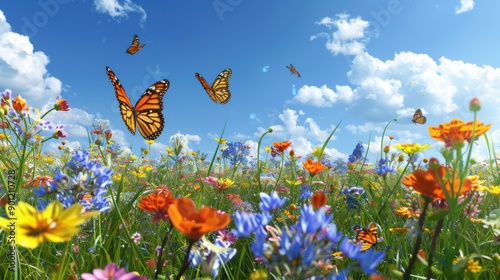 A wildflower meadow in full bloom with a variety of colorful flowers, a clear blue sky above, and butterflies and bees buzzing around, creating a vibrant and cheerful natural scene perfect for a #901210728