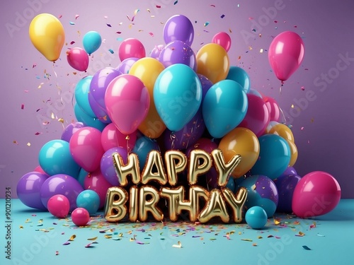 happy birthday background with luxury balloons and confetti