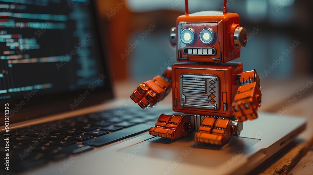 Fototapeta premium Digital Illustration of a Robot Working on a Laptop Computer.