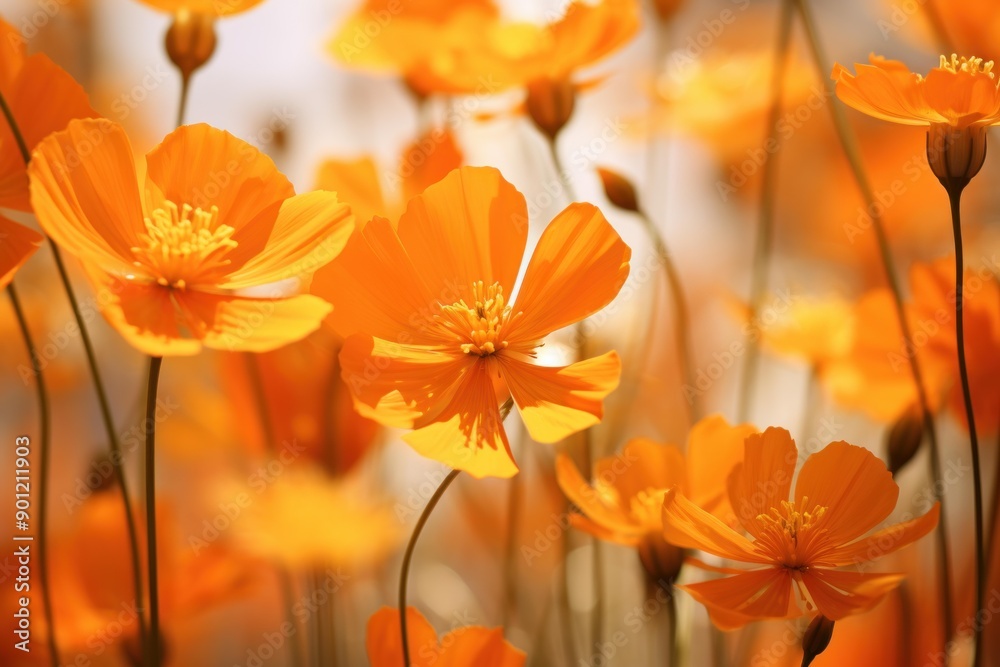 Warm, sunlit field of blooming orange cosmos flowers Warm, sunlit field of blooming orange cosmos flowers