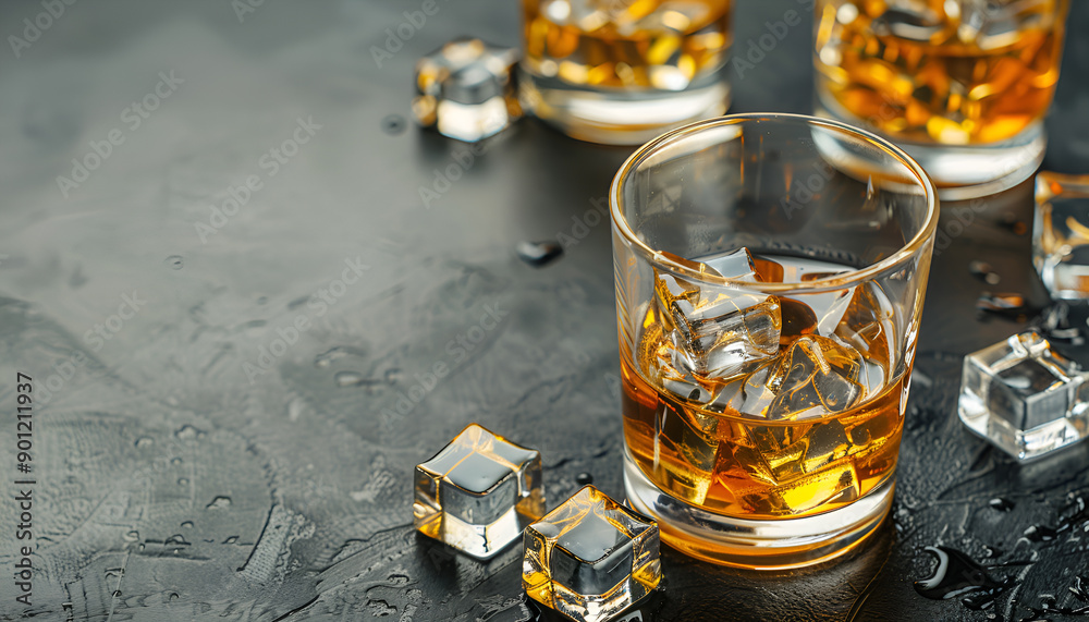 Golden whiskey in glass with ice cubes on table. Space for text