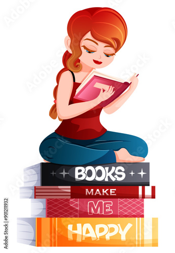 Books Make Me Happy - Girl Reading a Book Sitting on a Book Stack Vector Illustration