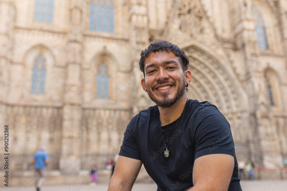 Happy Colombian boy on vacation in the cathedral of Barcelona (Spain) Happy Colombian boy on vacation in the cathedral of Barcelona (Spain)