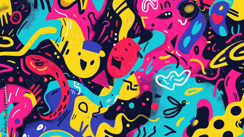 A colorful, abstract painting with a lot of different shapes and colors