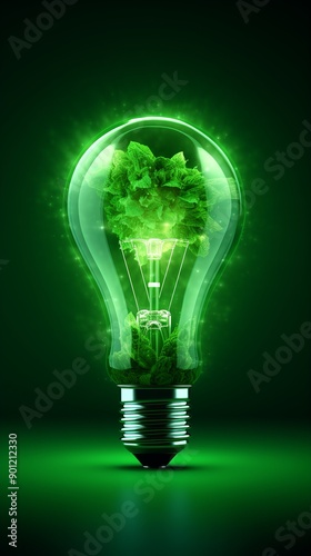 A green light bulb with the future energy generation industry. Green energy innovation concept. photo