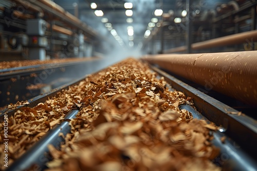 Industrial Wood Processing Factory: Wood Shavings on Conveyor Belt for Sustainable Manufacturing and Recycling