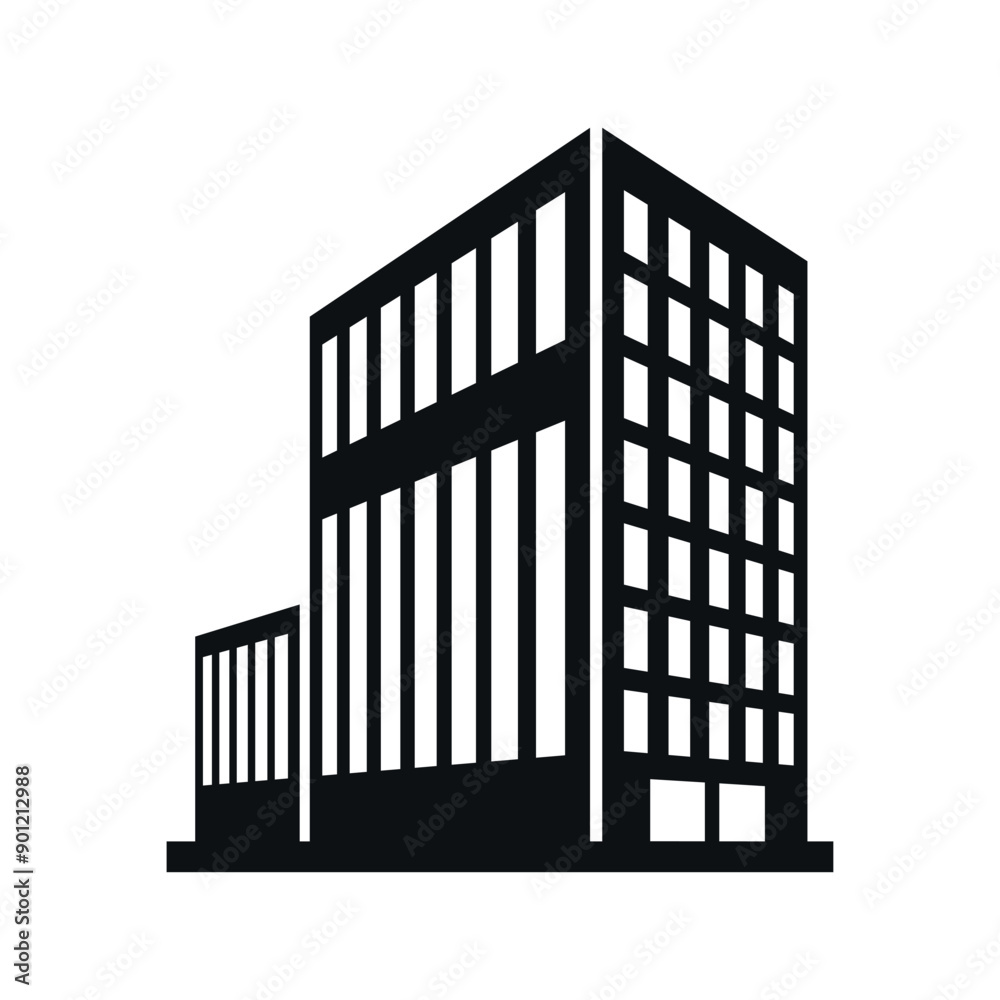Modern office business building facade perspective isometric black monochrome icon vector Modern office business building facade perspective isometric black monochrome icon vector