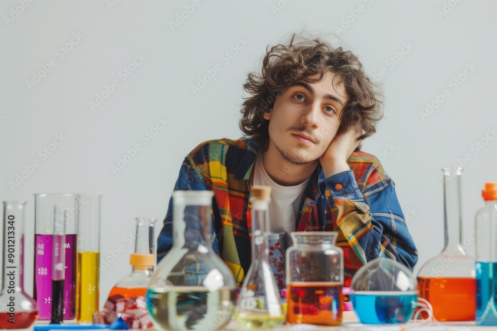 A student guy whose hobby is pretend experimentation. Young experimentator. AI generative