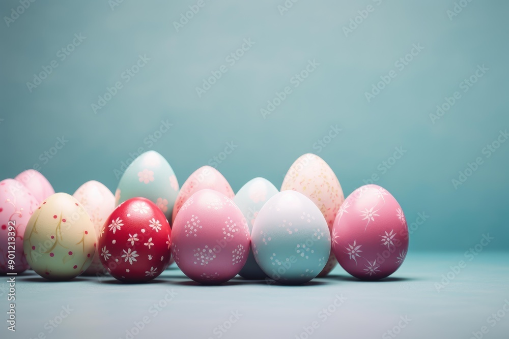 Selection of pastel-painted easter eggs with delicate patterns displayed on a soft blue backdrop Selection of pastel-painted easter eggs with delicate patterns displayed on a soft blue backdrop