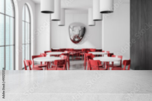 Stylish cafe interior with empty counter, dining spaace with panoramic window photo