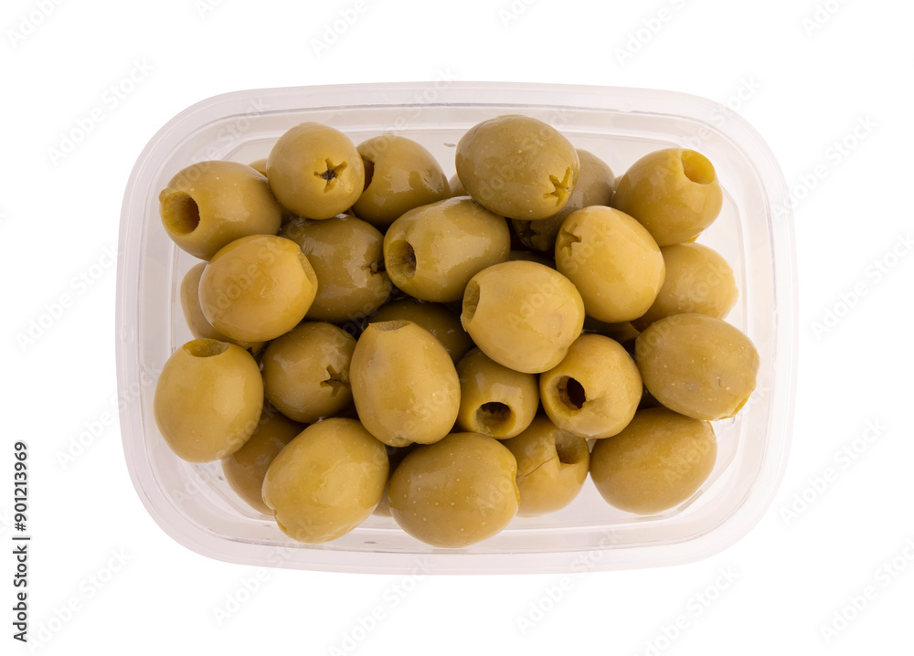 tasty green olives in plastic box isolated tasty green olives in plastic box isolated