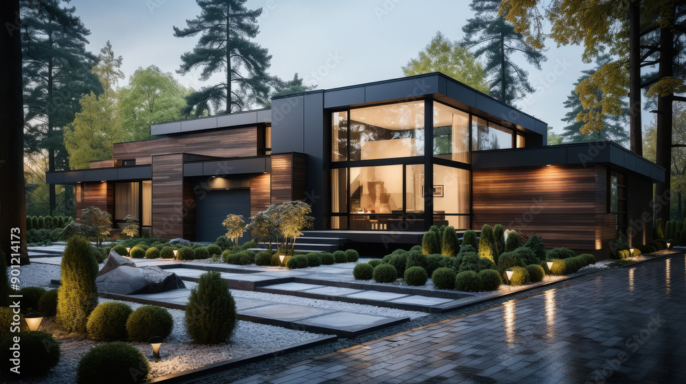 Modern luxury minimalist cubic house, villa with wooden cladding and black panel walls and landscaping design front yard Modern luxury minimalist cubic house, villa with wooden cladding and black panel walls and landscaping design front yard