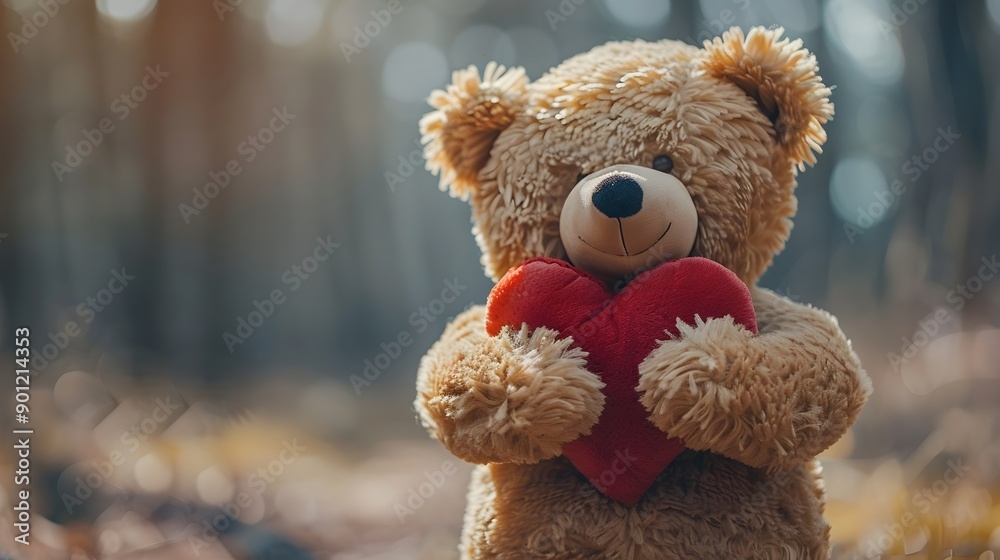 Fluffy Brown Teddy Bear Hugging a Red Heart-Shaped Toy in Snowy Woodland Fluffy Brown Teddy Bear Hugging a Red Heart-Shaped Toy in Snowy Woodland