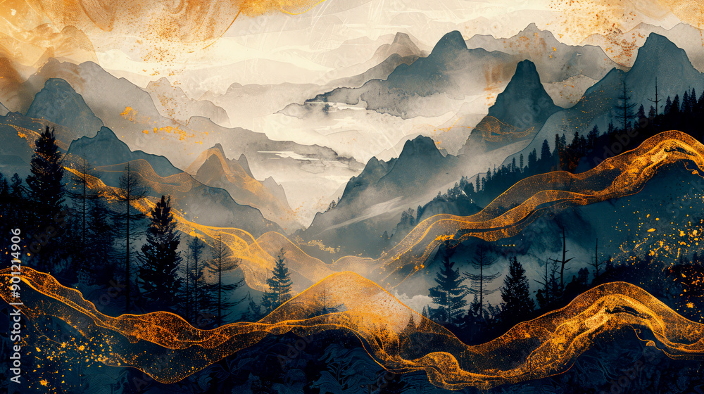Modern Chinese abstract art background with landscape painting elements, ink and gold patterns. Chinese landscape art. Modern Chinese abstract art background with landscape painting elements, ink and gold patterns. Chinese landscape art.
