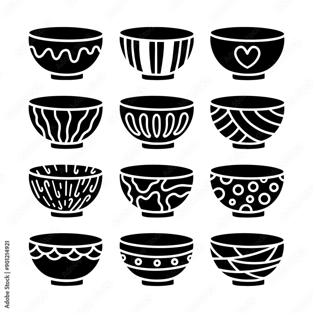 Collection of Silhouette cartoon of Bowl with Beautiful pattern, Vector, Illustration. Collection of Silhouette cartoon of Bowl with Beautiful pattern, Vector, Illustration.