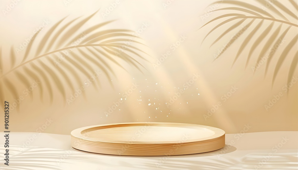 Obraz premium wood podium with tropical leaf on beige background