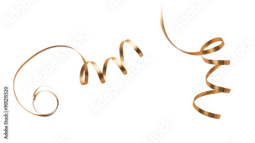 A thin curly gold ribbon for Christmas and birthday present banner isolated against a white background.