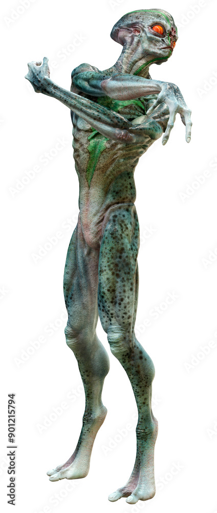 3D Rendering Green Alien on White 3D Rendering Green Alien on White