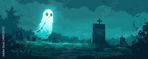 Apparition floating in an eerie graveyard, ghostly glow, flat design illustration photo