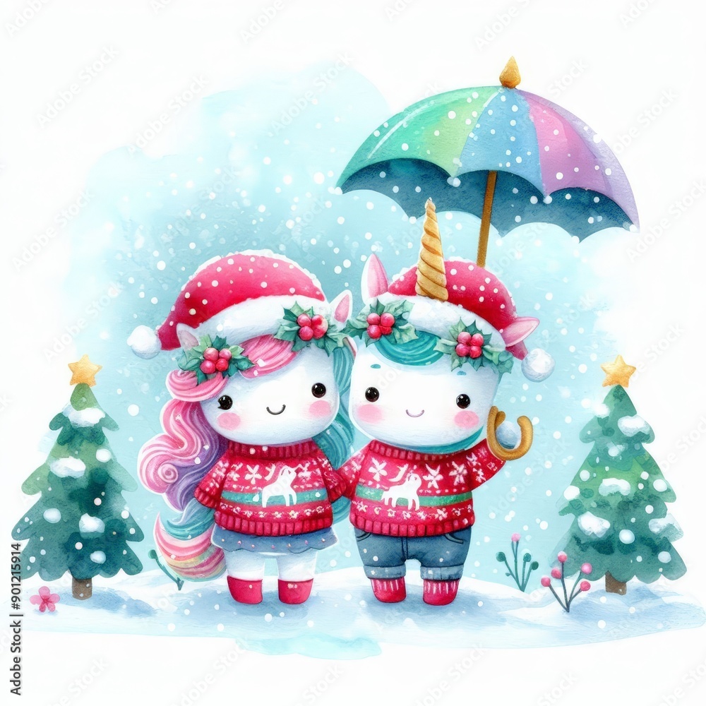 Two cute unicorns in winter sweaters and Santa hats, holding an umbrella, standing in the snow near Christmas trees. Two cute unicorns in winter sweaters and Santa hats, holding an umbrella, standing in the snow near Christmas trees.