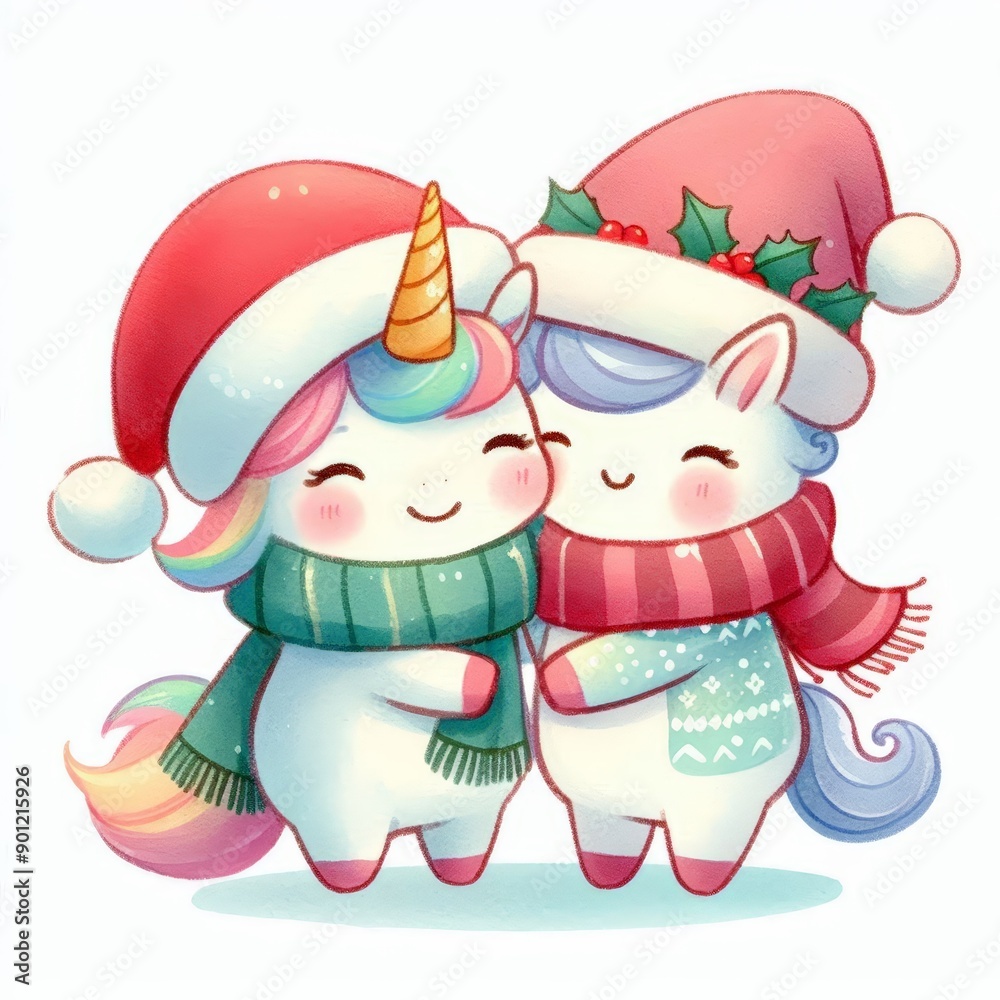 Fototapeta premium Two cute unicorns wearing Santa hats and scarves hug each other.
