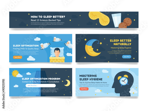 Sleep optimization program wellness monitoring landing page design template set vector flat