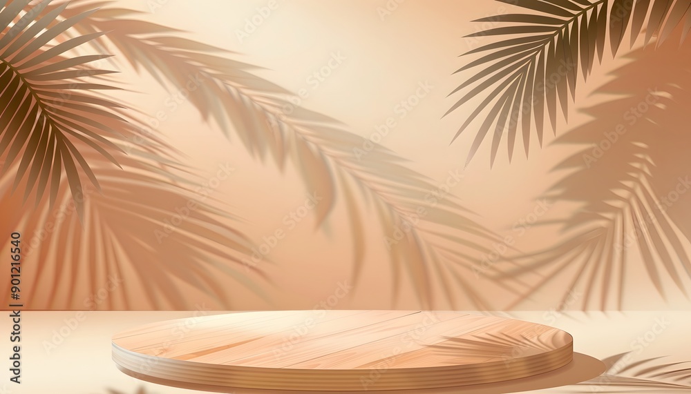 wood podium with tropical leaf on beige background wood podium with tropical leaf on beige background