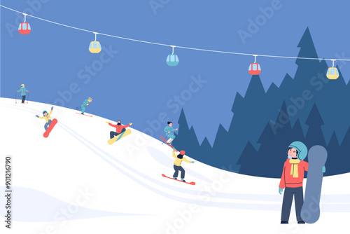 Snowboarding character. Little boy with snowboard equipment looking on people on mountain. Winter sport activities, skiing on nature, vector scene