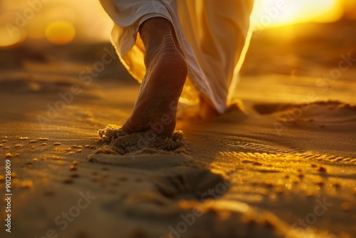 Close up low angle view of Jesus feet walking on sand. Concept Religious Art, Spiritual Photography, Inspirational Images