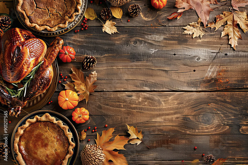 thanksgiving dinner background with turkey and all sides of the dish pumpkin pie autumn leaves and seasonal autumn decor on a wooden background top view copy space.