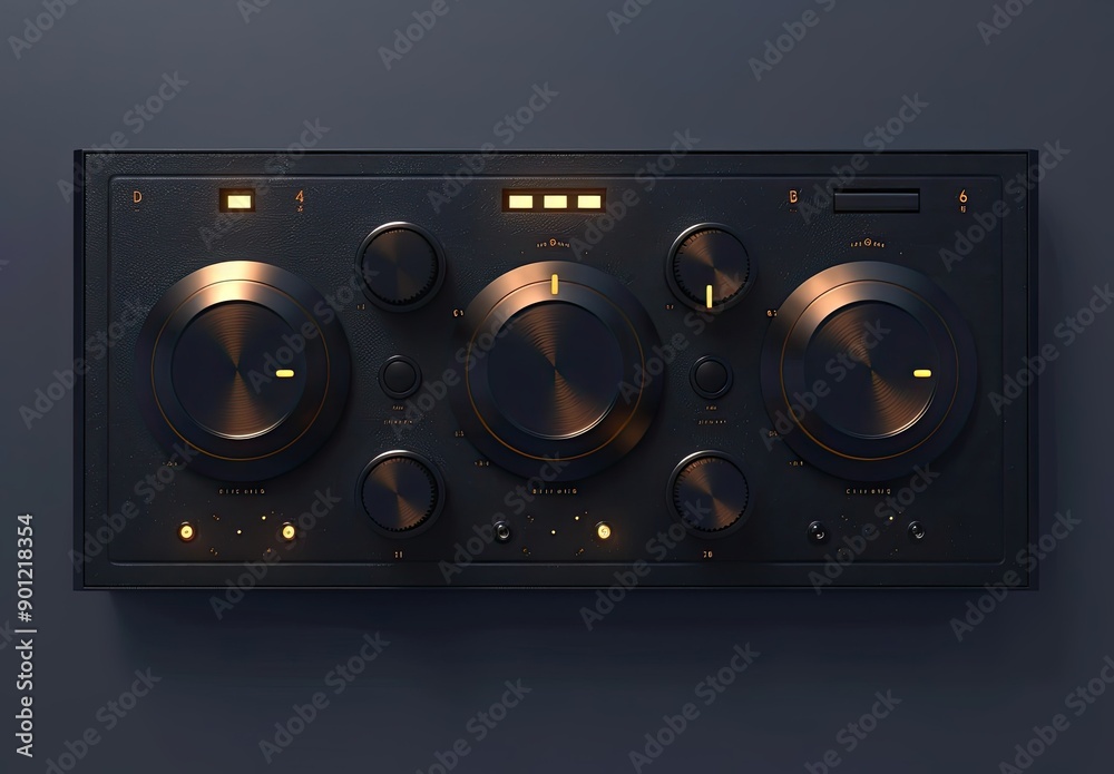 Black Audio Mixing Console with Gold Knobs and Buttons Black Audio Mixing Console with Gold Knobs and Buttons
