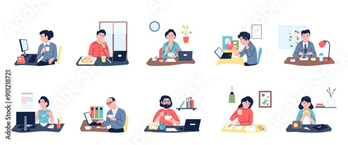 Workers eat at workplace. Office employees with fast food, eating pizza noodles soup and drink coffee. Freelancer has dinner or lunch, recent vector scenes