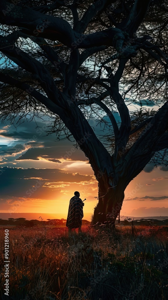 Silhouetted Figure Gazing at a Sunset Through a Tree Silhouetted Figure Gazing at a Sunset Through a Tree