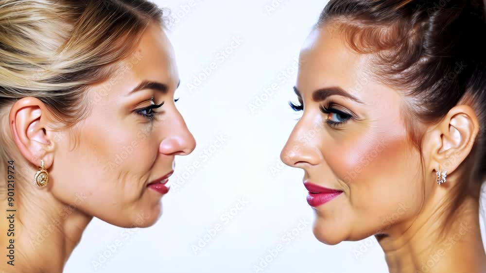 Two women with contrasting makeup styles facing each other, beauty transformation comparison Two women with contrasting makeup styles facing each other, beauty transformation comparison