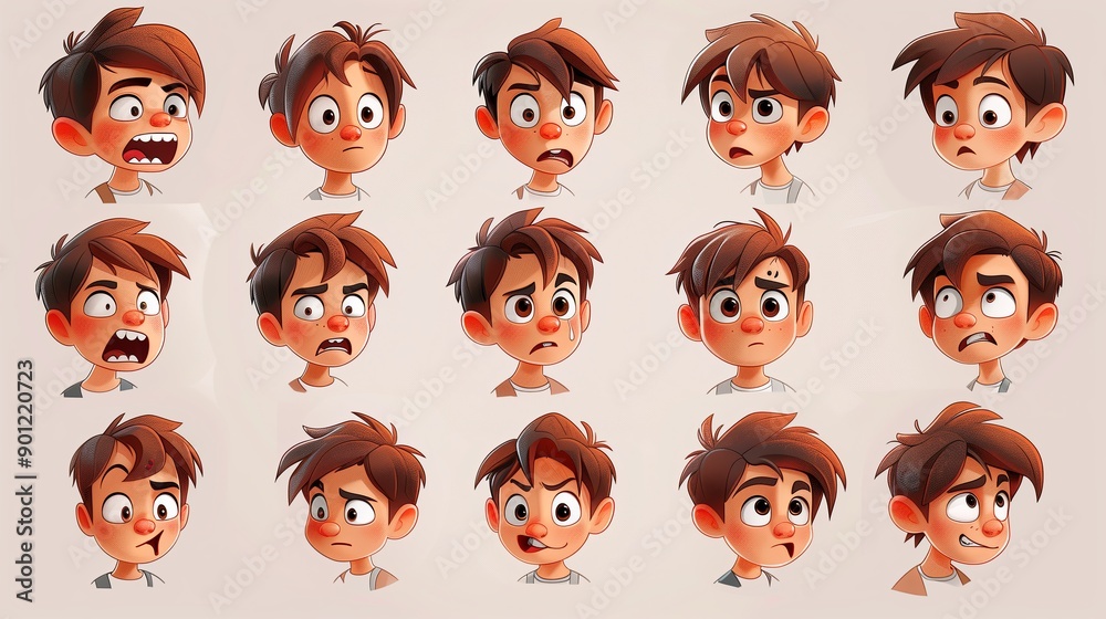Cute Boy Emoji Sheet with Various Emotions and Dynamic Poses Cute Boy Emoji Sheet with Various Emotions and Dynamic Poses