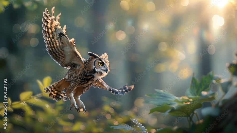 Obraz premium In a dense forest, an owl spreads its wings wide in twilight shadows.