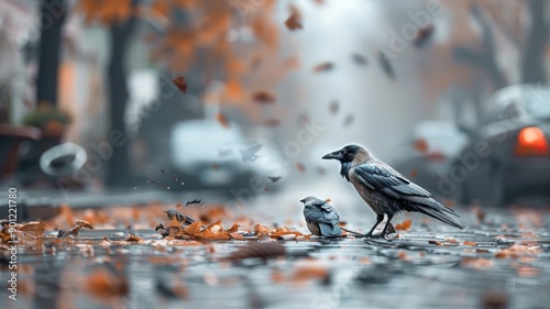 Two crows playfully tussle on a cobblestone street, their feathers ruffled.