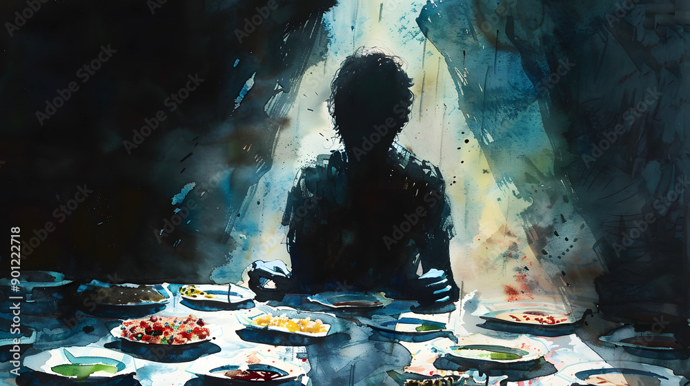 Fototapeta premium person isolated in a dark room, surrounded by plates of untouched food, with their shadow stretching and warping behind them in watercolor.