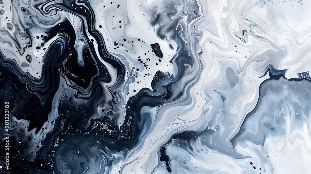 Abstract fluid art painting in black, white and blue tones with swirling patterns resembling an icy sea. Abstract fluid art painting in black, white and blue tones with swirling patterns resembling an icy sea.
