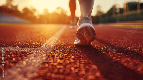 Close-up of a runner's shoes on a track during sunset, warm light creating long shadows, focus on movement and determination