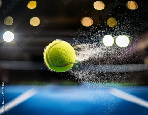 Close-up of a padel ball with a racket about to make contact, with the court and net in the background