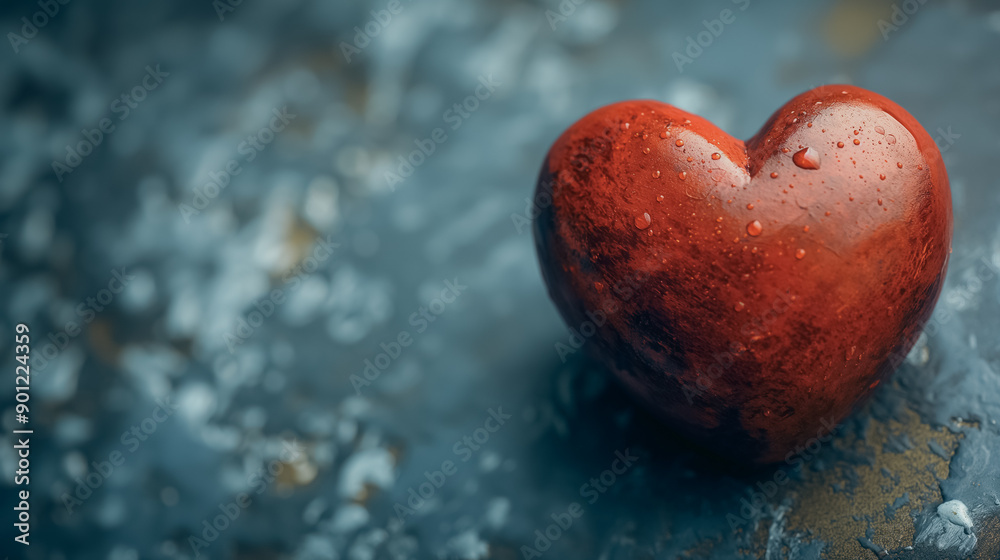 A heart is sitting on a blue surface. The heart is red and has water droplets on it A heart is sitting on a blue surface. The heart is red and has water droplets on it