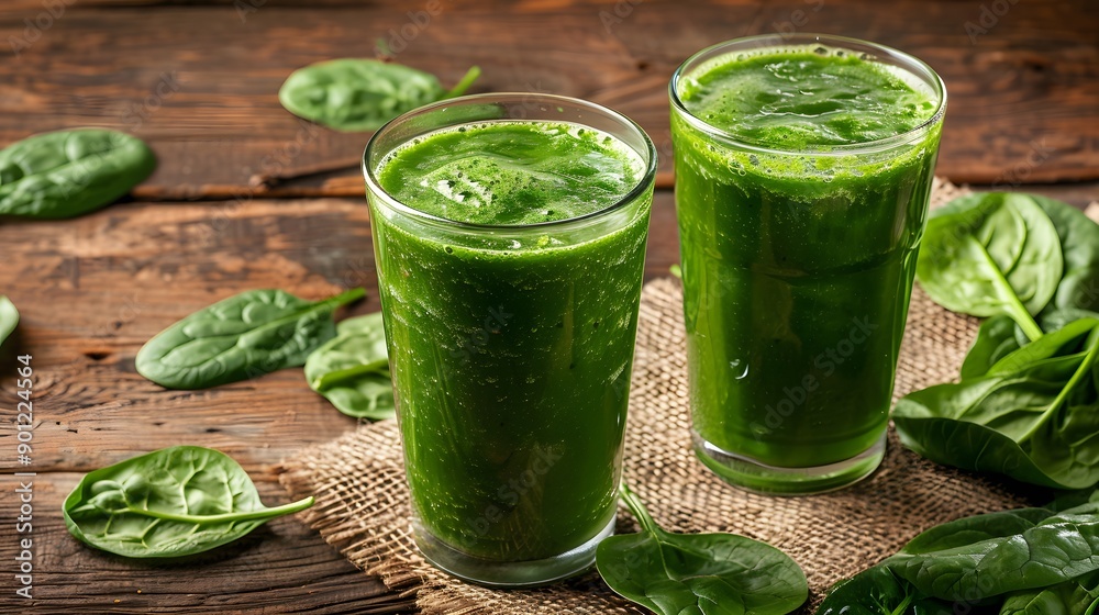 Green smoothie with spinach in glasses on a wooden background Green smoothie with spinach in glasses on a wooden background